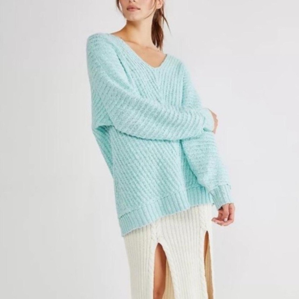 New Free People Sunset V-Neck Cotton Seasky Blu Sweater Size XS